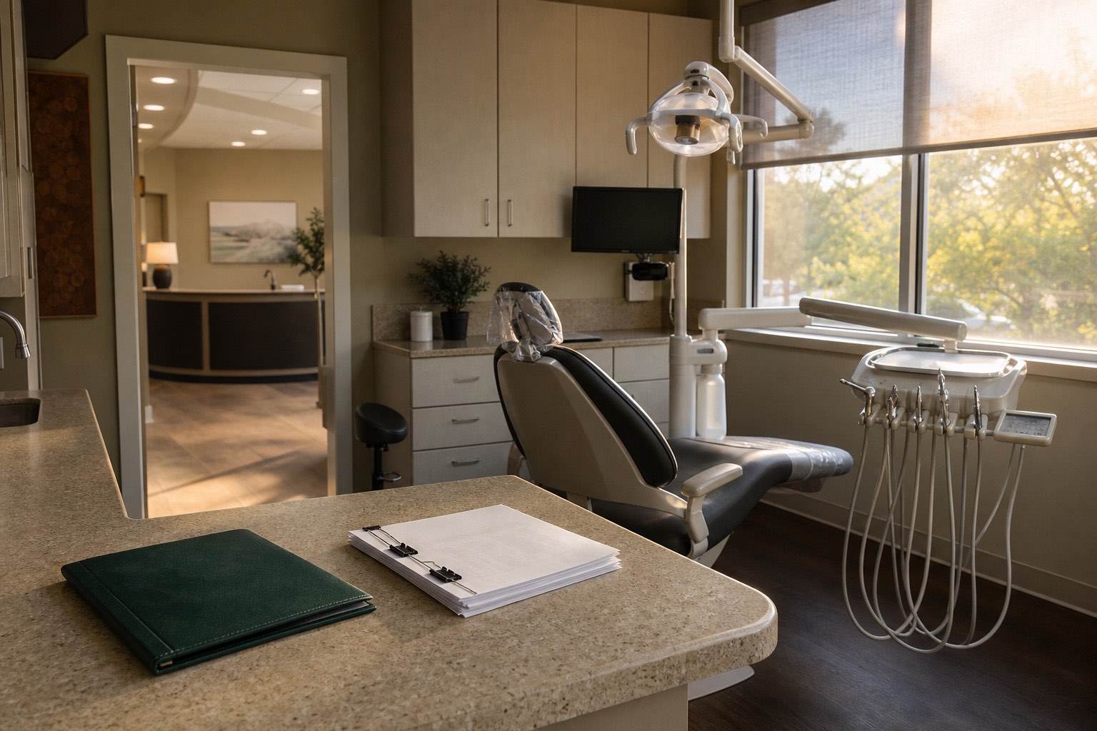 An empty dental operatory at the end of the day with an unmarked records folder and anonymized worksheets on the counter.