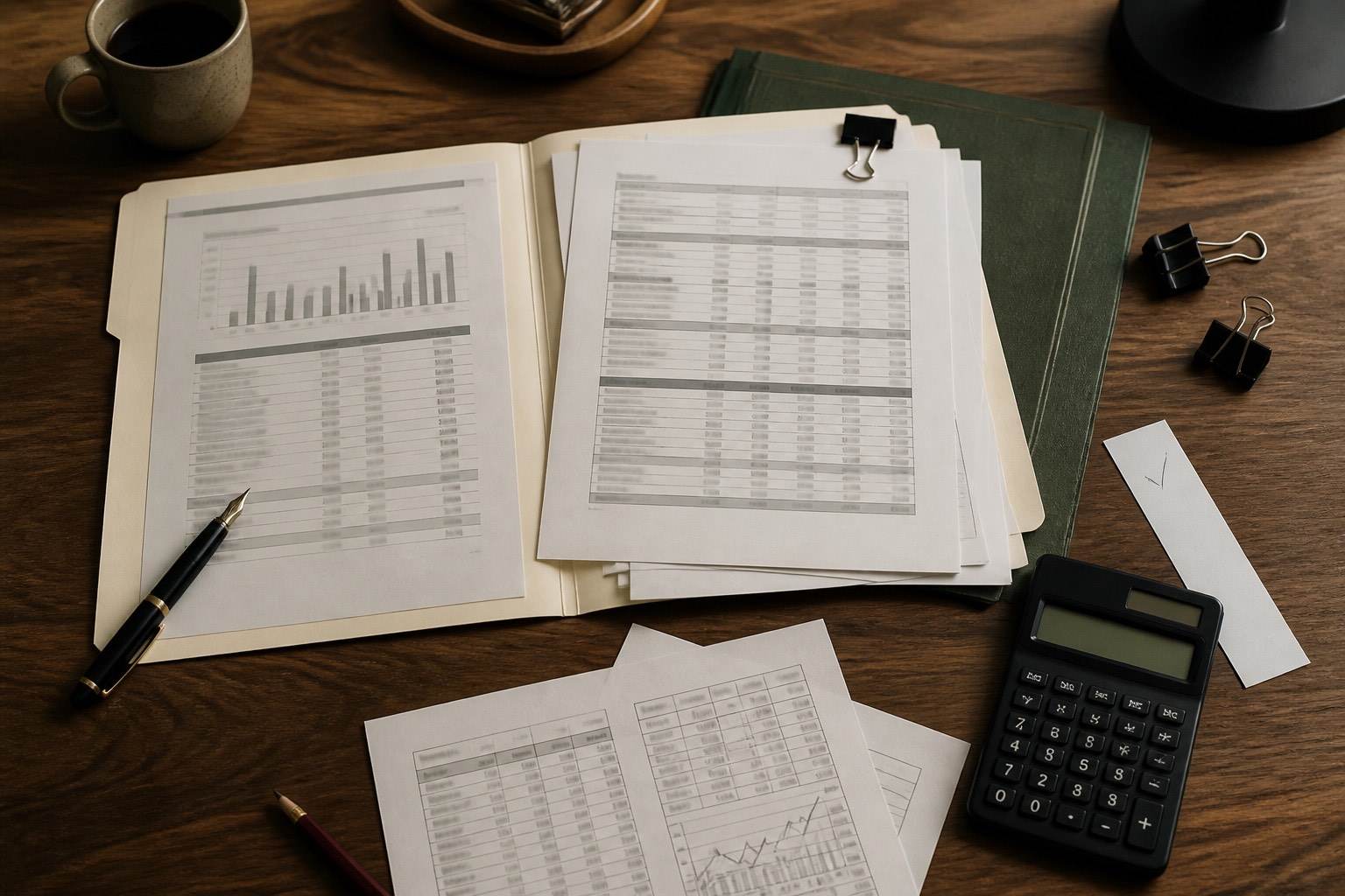 An open file, blurred financial schedules, green folder, calculator, and marked paper strip on a walnut desk.