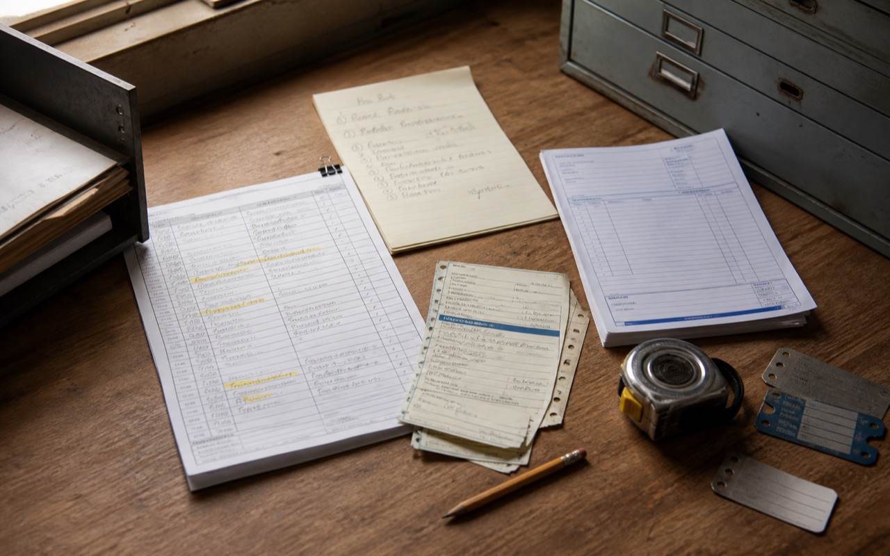 Service tickets, route notes, equipment tags, and an invoice arranged on an HVAC service owner’s worktable.