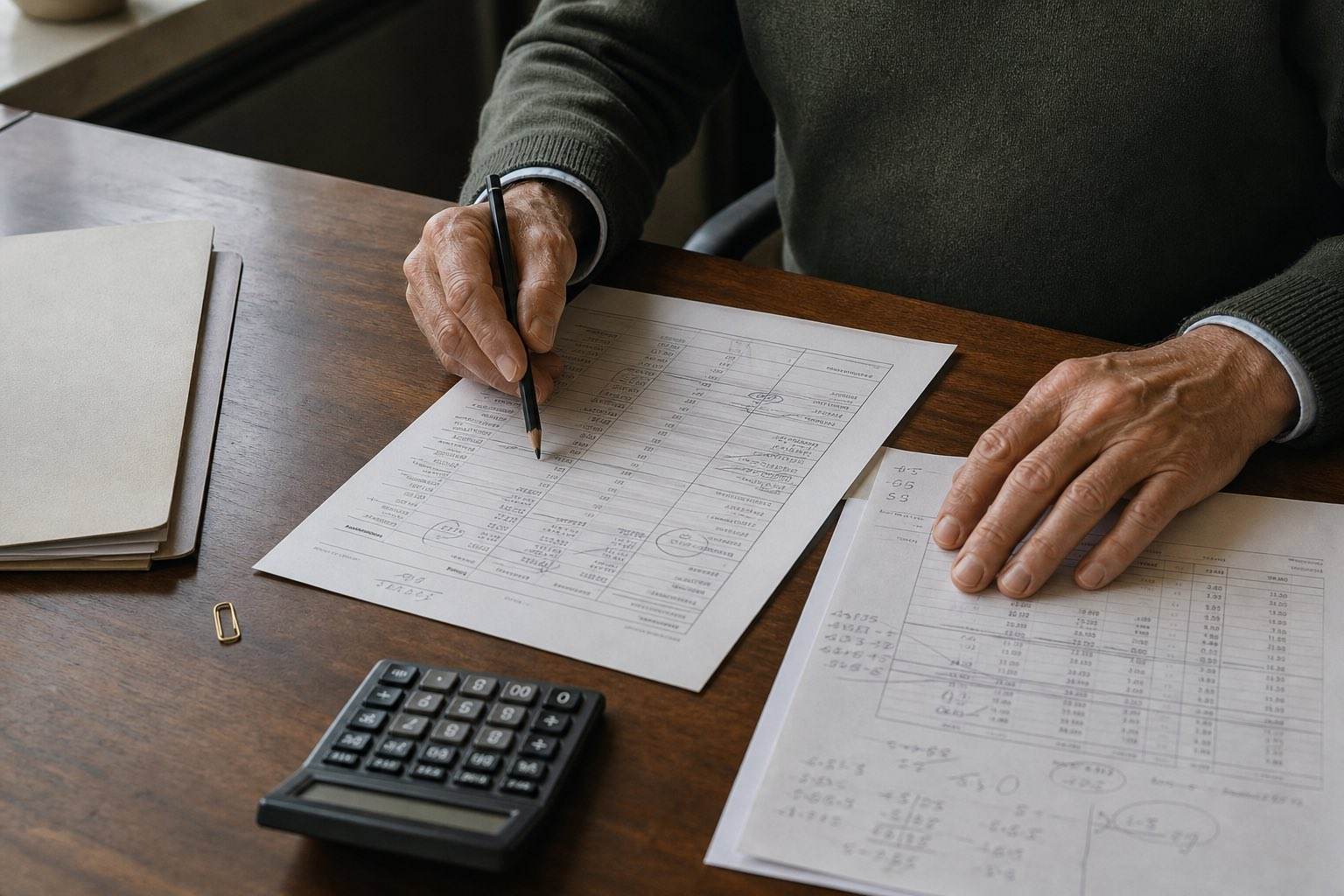 An owner marks a working-capital schedule beside operating statements and a calculator.