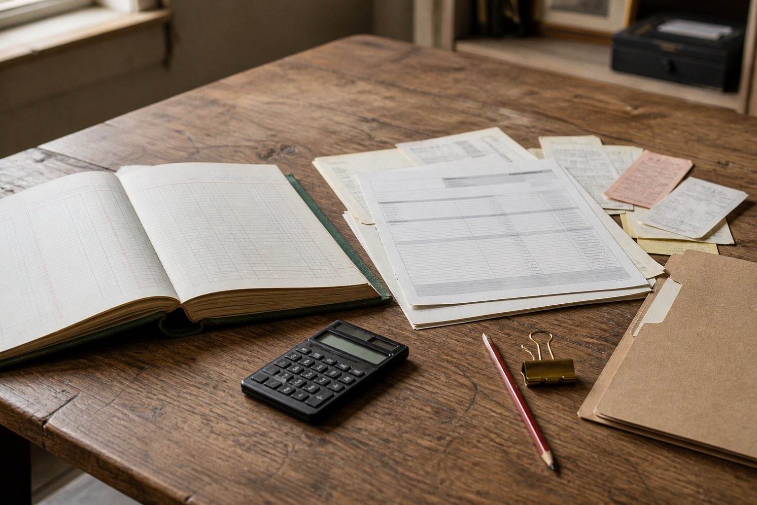 An open ledger, financial statement, invoices, receipts, calculator, pencil, and kraft file arranged on a worn wooden worktable.