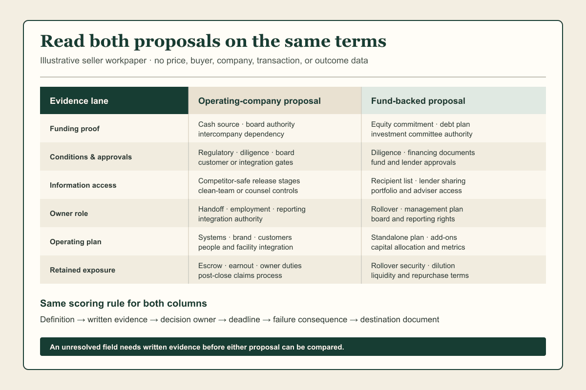 An operating-company proposal and fund-backed proposal are compared across the same six evidence lanes.