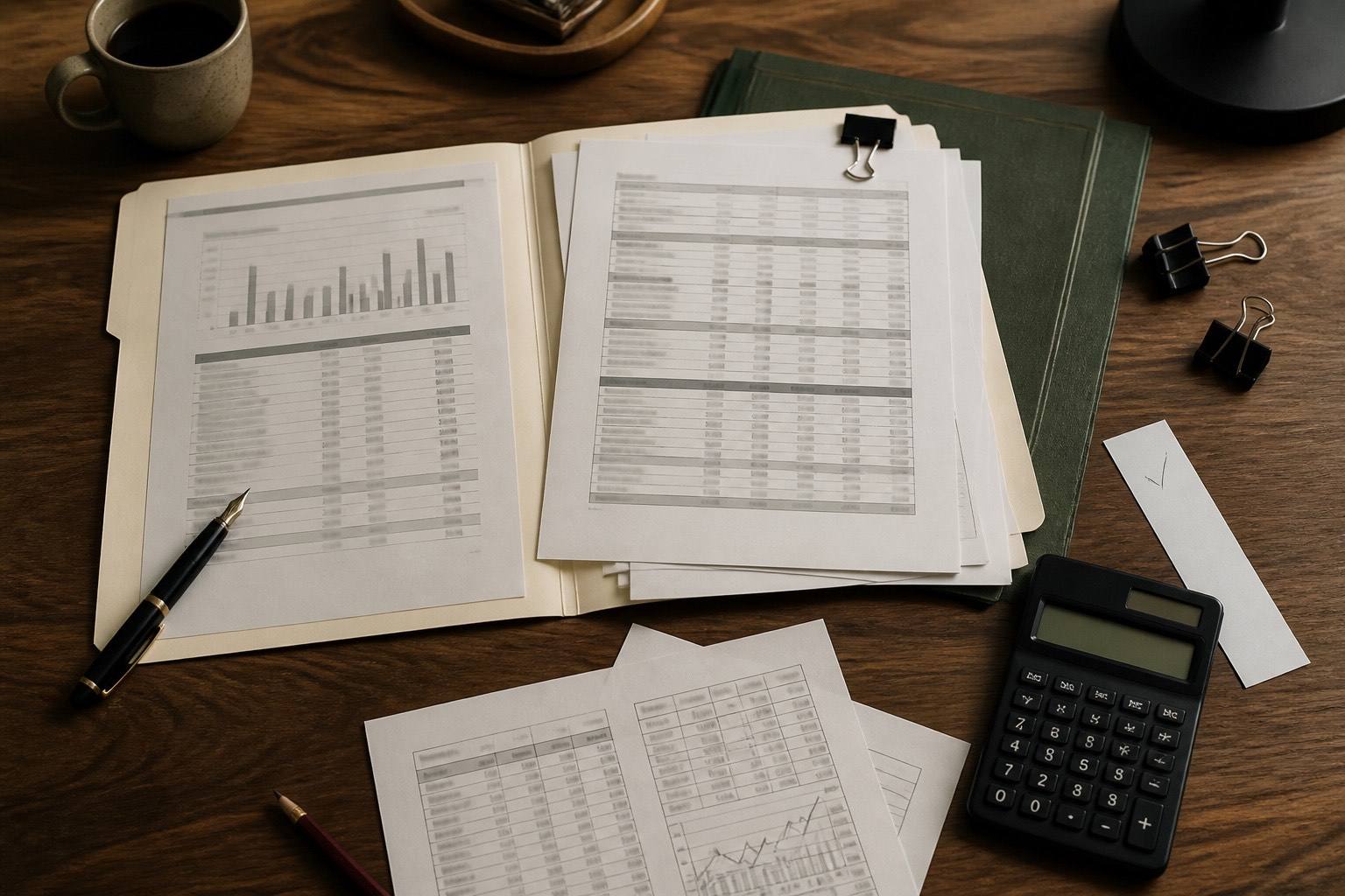 An open file, blurred financial schedules, green folder, calculator, and marked paper strip on a walnut desk.