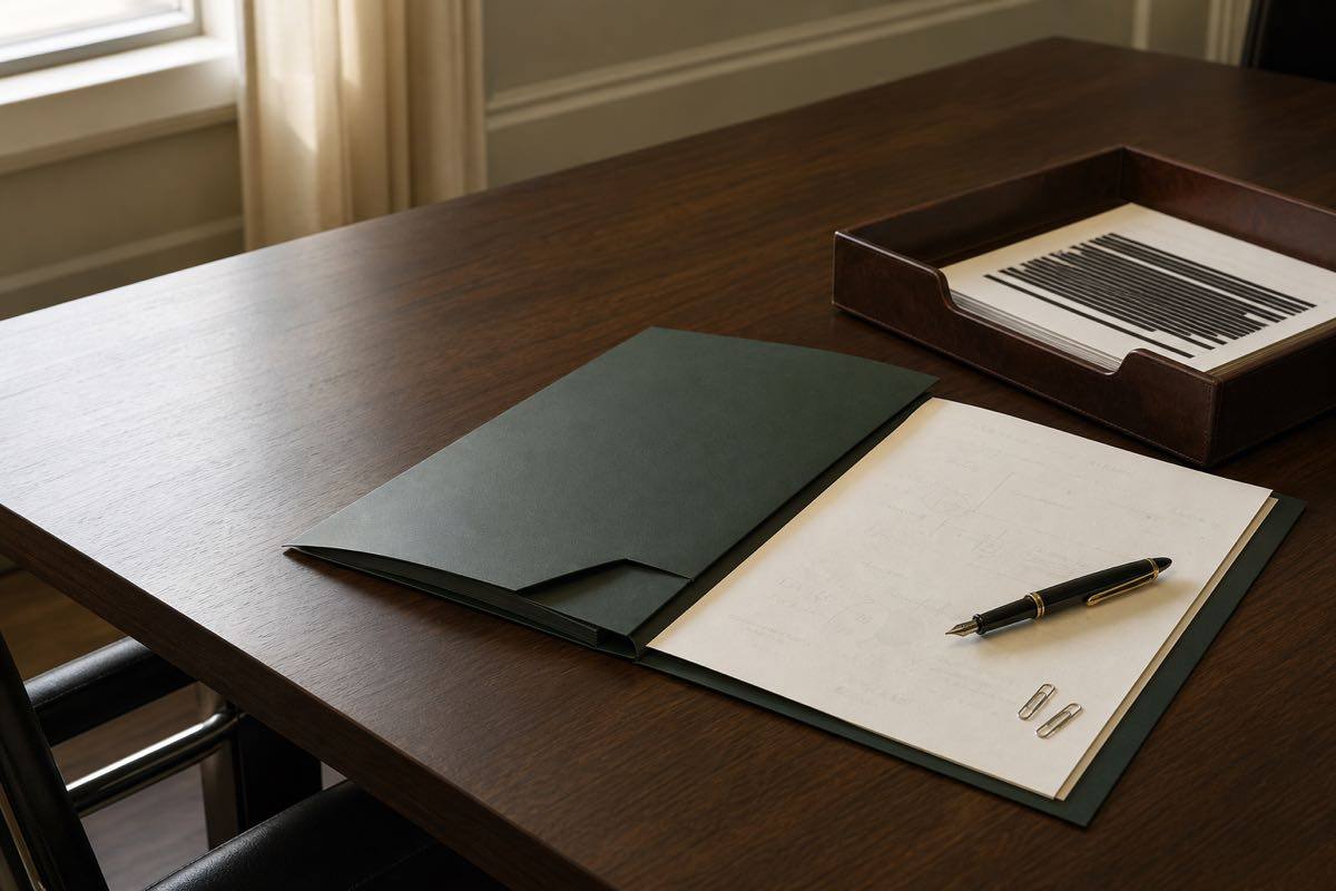 A dark-green deal folder, redacted working papers, a fountain pen, and a document tray set out for a management-buyout review.