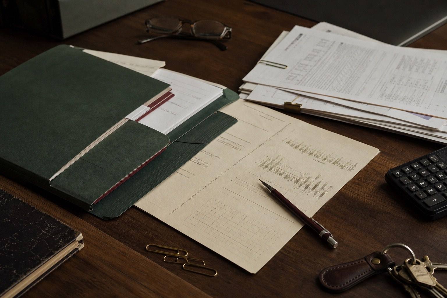 An owner’s desk holds valuation worksheets, financial schedules, an archival folder, keys, and a calculator.