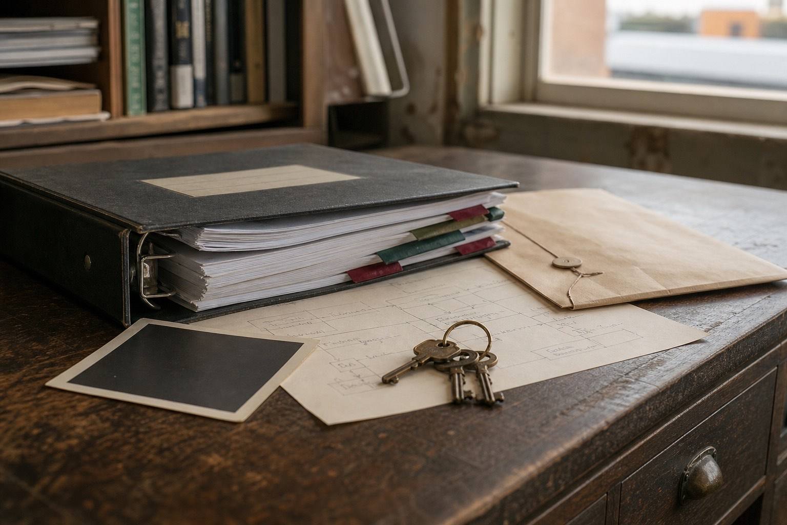 A worn operations binder, handoff map, keys, and sealed records sit on a long-used office table.