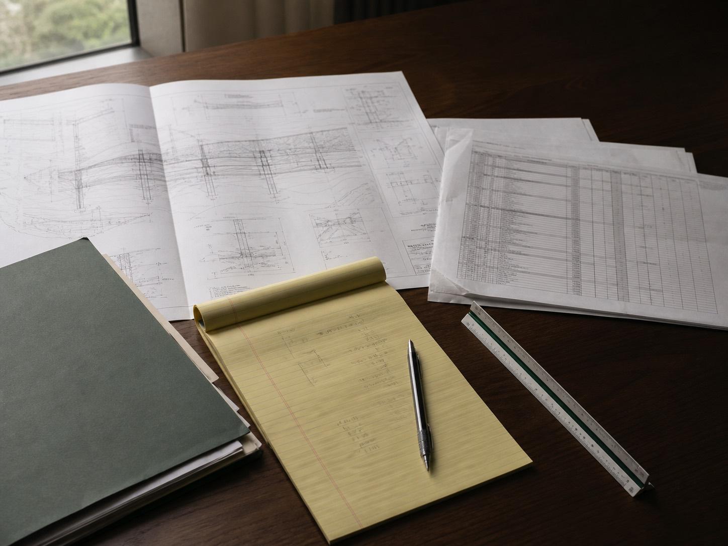 Engineering plan sheets, an anonymized project cost schedule, a green project folder, an architect scale, and a marked legal pad arranged for a backlog review.