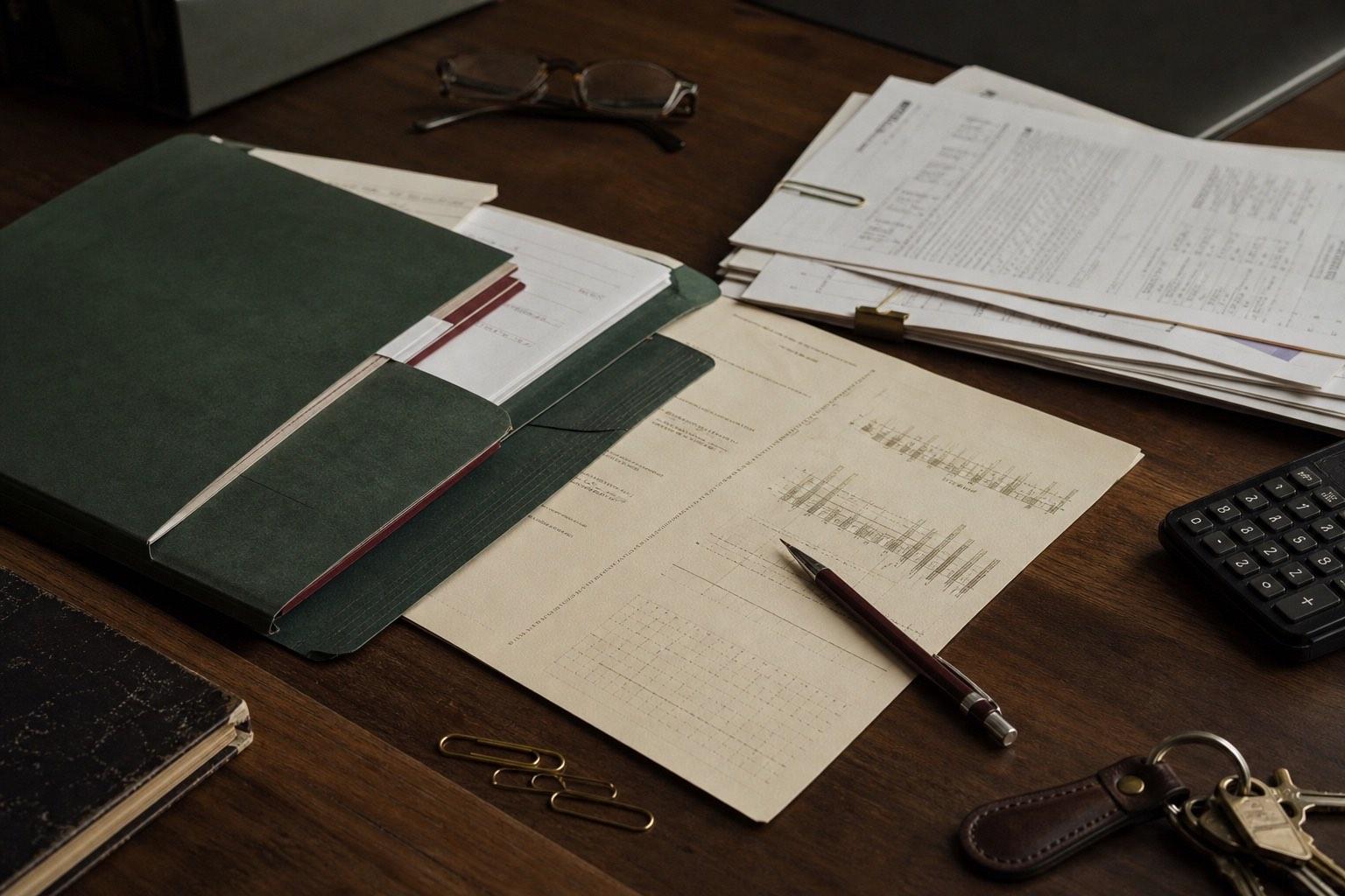 An owner’s desk holds valuation worksheets, financial schedules, an archival folder, keys, and a calculator.